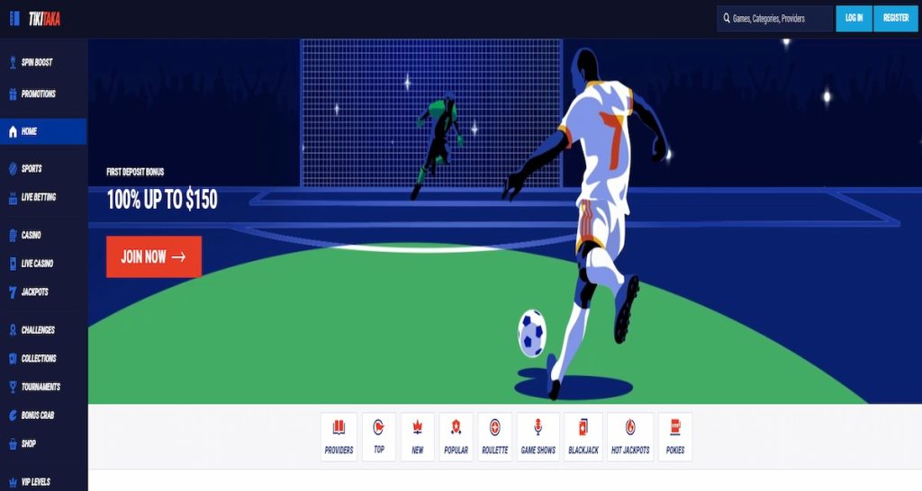 Promotional banner for TikiTaka online casino and sports betting site featuring a soccer player in white jersey number 7 preparing to shoot at goal, with a goalkeeper in green defending. Stadium backdrop with crowd silhouettes and sparkles. Text highlights 100% first deposit bonus up to $150 and a red 'Join Now' button. Vertical navigation menu includes Sports, Live Betting, Casino, Jackpots, VIP Levels, and more.